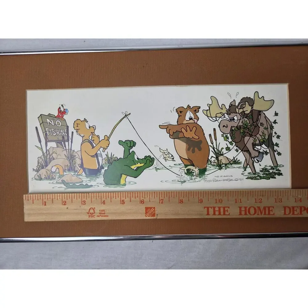 Robert Marble “No Fishing” Signed 1984 PRINT #3 w/ COA Framed 19x11 Cabin Art